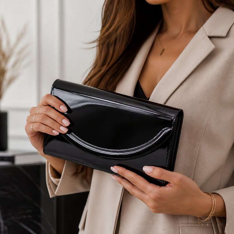 Women's Black Patent Clutch | 2026